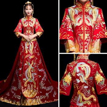 Red Gold Phoenix Embroidery Dresses Female Traditional Chinese Dress Women Long Sleeve Cheongsam Qipao For Wedding Oriental Robe
Red Gold Phoenix Embroidery Dresses Female Traditional Chinese Dress Women Long Sleeve Cheongsam Qipao For Wedding Oriental Robe