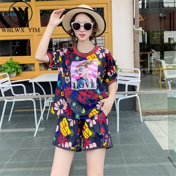 Summer 2 Piece Set Women O-Neck Patch Print Short sleeve Tshirt Elastic waist Shorts Two Piece Set Female Casual Plus size Set 
Summer 2 Piece Set Women O-Neck Patch Print Short sleeve Tshirt Elastic waist Shorts Two Piece Set Female Casual Plus size Set