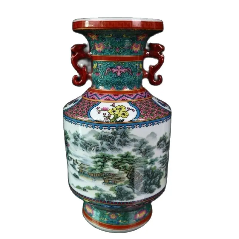 Chinese Enamel Colorful Landscape Pattern Binaural Vase, Old Porcelain 
Chinese Enamel Colorful Landscape Pattern Binaural Vase, Old Porcelain
