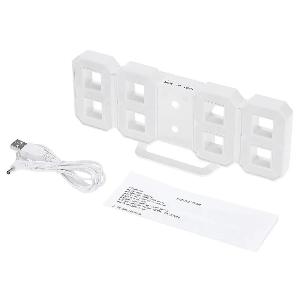 8-Shape Digital Led Alarm Clock Usb Operated White Light Adjustable Led Luminance Snooze Function Wall Clock