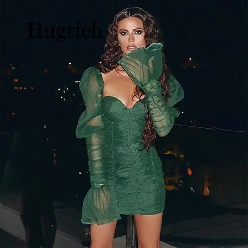 

2020 Spring Autumn Puff Sleeve Party Dress See Through Mesh Splicing Night Club Dress Sexy Plunging Draped Bodycon Dress