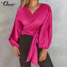 

Celmia Satin Long Lantern Sleeve Wrap Shirts Women 2022 Fashion Sexy V Neck Solid Blouses Autumn Bandage Waisted Tops Blusas