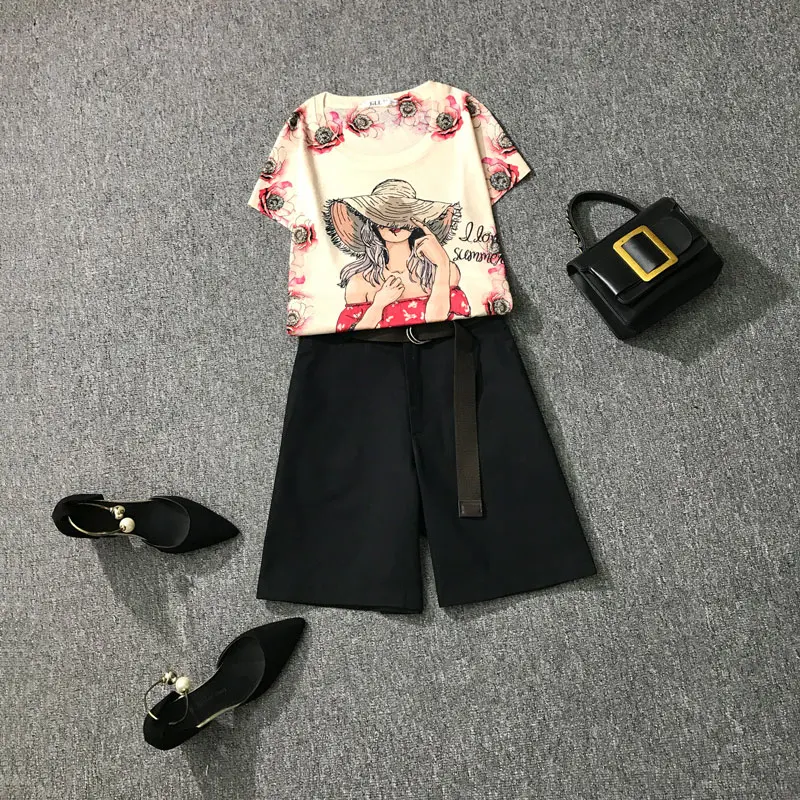 Women Summer Casual 2 piece set Vintage Print Ladies Short Sleeve Slim T-Shirt + Fashion Shorts Pants Suits Female