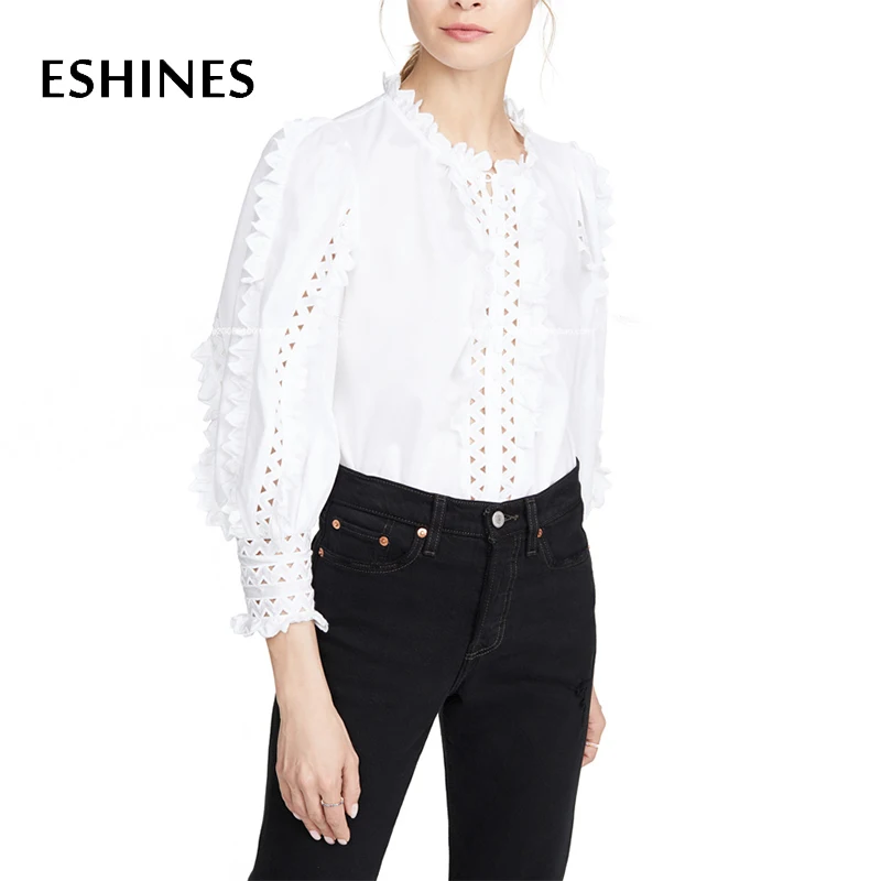 ESHINES Autumn Casual White Women Blouse Chic Stand Collar Lantern Sleeve Hollow Out Embroidered Ruffles Single-breasted Blouse
ESHINES Autumn Casual White Women Blouse Chic Stand Collar Lantern Sleeve Hollow Out Embroidered Ruffles Single-breasted Blouse
