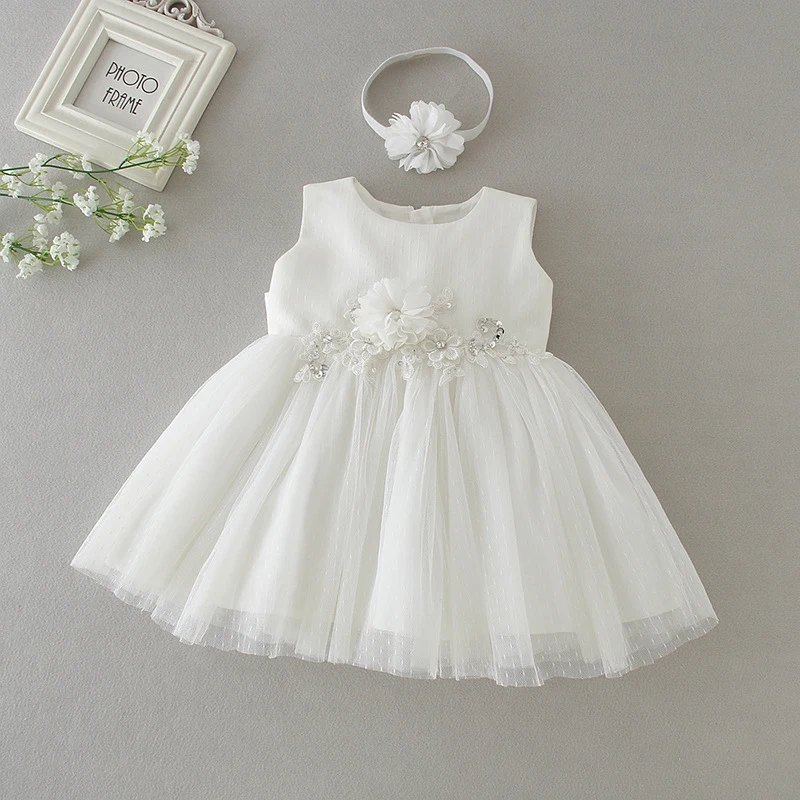 

Baby Christening Dress with Headband Floral Applique Flower Girl Bridesmaid Outfit Children Clothes Birthday Baptismal Dress Set