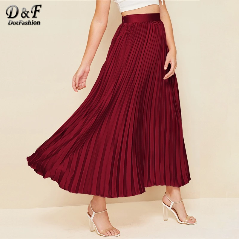 

Dotfashion Elegant Burgundy Zipper Side Pleated Skirt Women 2019 Autumn Casual High Waist Flared Skirts Ladies Solid Maxi Skirt