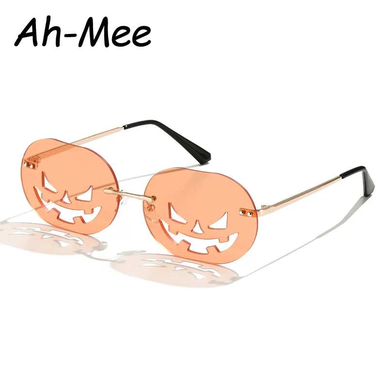 

Rimless Pumpkin Shape Sunglasses Women Men 2020 Oval Alloy Hollow Sun Glasses Female Halloween Pumpkin Punk Eyeglasses Oculos