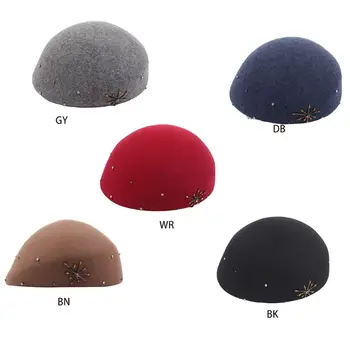 

Korean Vintage Artificial Felt Winter Beret Cap Firework Flower Rhinestone Embellished Women Painter Artist Elegant Beanie Hat