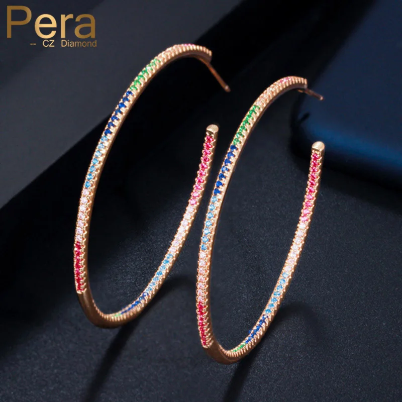 Pera Chic Colorful Cubic Zirconia Delicate Simple Rainbow Big Round Circle Gold Thin Hoop Earrings Jewelry for Women Gift E402 | Украшения