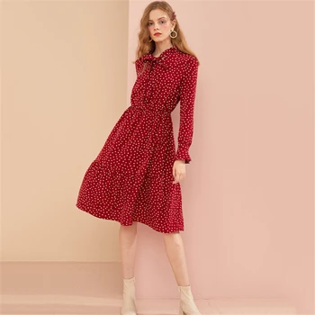 LA CISNE New Japanese style sweet tie neck polka dot waist ruffled long sleeve dress women 
LA CISNE New Japanese style sweet tie neck polka dot waist ruffled long sleeve dress women