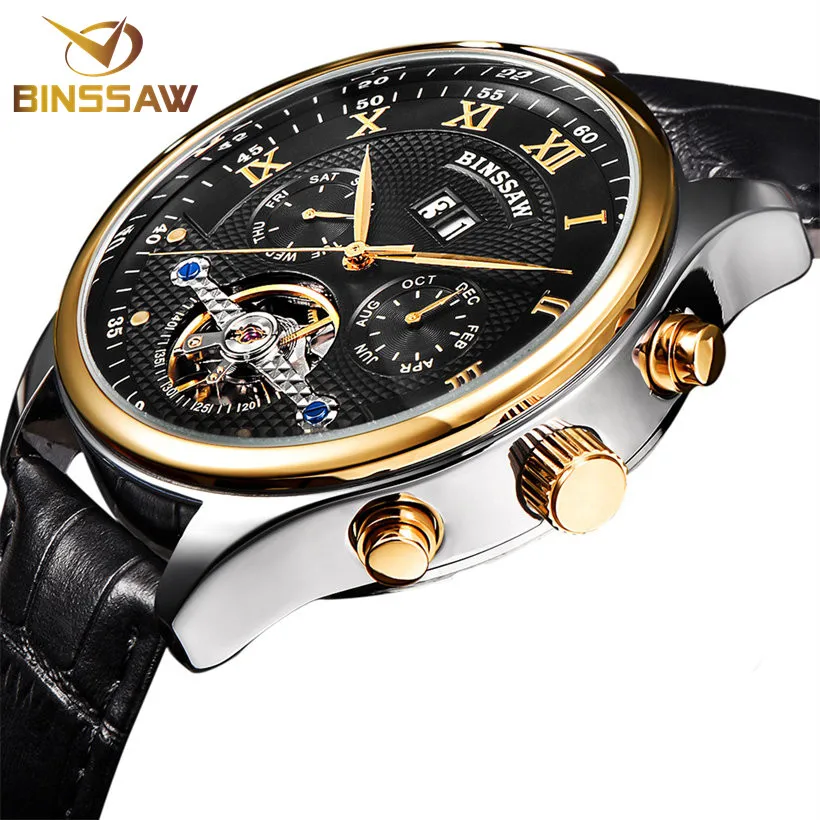 

BINSSAW Fashion Luxury Brand Leather Tourbillon Watch Automatic Men Wristwatch Mechanical Steel Watches Relogio Masculino