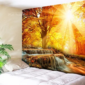 

Mountain Waterfall Tapestry Sunlight Tree Wall Hanging Nature Forest Stream Psychedelic Tapestry Yoga Mat Art Home Boho Decor