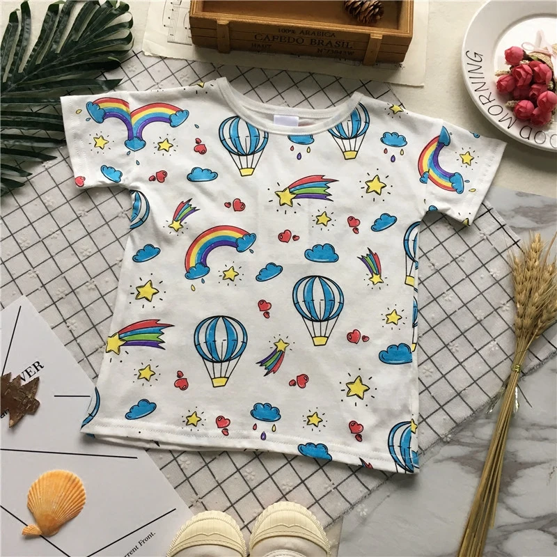 

Tonytaobaby Summer Wear New Style Baby Hot-air Ballon Full Printed Pure Cotton White Short Sleeve T-shirt