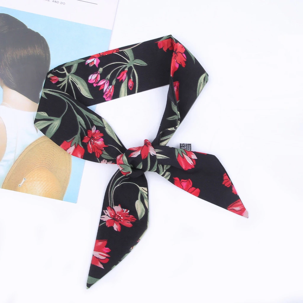 Square Scarf Hair Tie Band Flower Printing Business Party Women Elegant Small Vintage Skinny Retro Head Neck Scarf 919