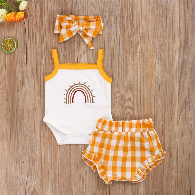 0-24M Newborn Baby Girls Clothes Rainbow Printed Romper Top Lace Jumpsuit +Ruffles Shorts Pants +Headband 3 Pieces Outfits Set
0-24M Newborn Baby Girls Clothes Rainbow Printed Romper Top Lace Jumpsuit +Ruffles Shorts Pants +Headband 3 Pieces Outfits Set