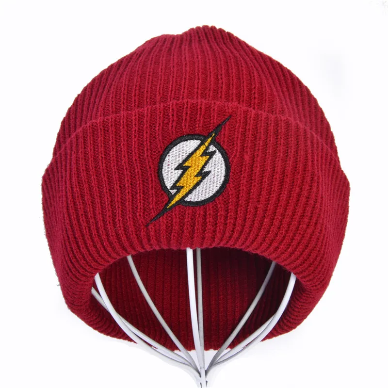 

Cartoon embroidery Unisex Winter Hat Skullies Beanie Knitted Hats Flash Hero Barry Allen Embroid Knitting Crochet Elasticity Hat