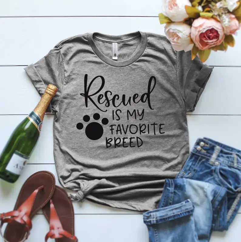 

Rescued is my favorite breed graphic and letter t-shirt Cat Mom Mama Mother Tshirt Top Tees Drop Shipping harajuku tops goth