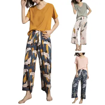 Women Summer 2 Piece Pajamas Set Color Short Sleeve V-Neck Pullover Tops Floral Long Pants Sleepwear Bowknot Home Loungewear
Women Summer 2 Piece Pajamas Set Color Short Sleeve V-Neck Pullover Tops Floral Long Pants Sleepwear Bowknot Home Loungewear