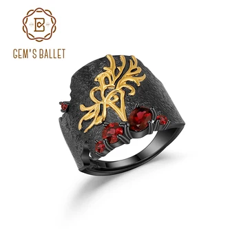 

GEM'S BALLET 925 Sterling Silver Handmade Equinox Flower Vintage Rings Natural Red Garnet Gemstones Ring for Women Fine Jewelry