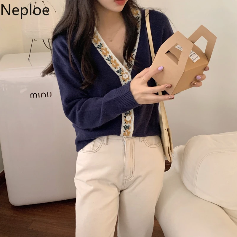 Осень 2021 женская одежда Neploe винтажный вязаный крючком цветочный кардиган с