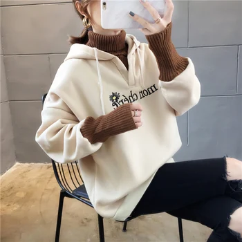 Turtleneck Sweatshirt Women Plus Velvet New Korean Loose Embroidery Long-sleeved Harajuku Hoodie Stitching Hooded Jacket Tide 
Turtleneck Sweatshirt Women Plus Velvet New Korean Loose Embroidery Long-sleeved Harajuku Hoodie Stitching Hooded Jacket Tide