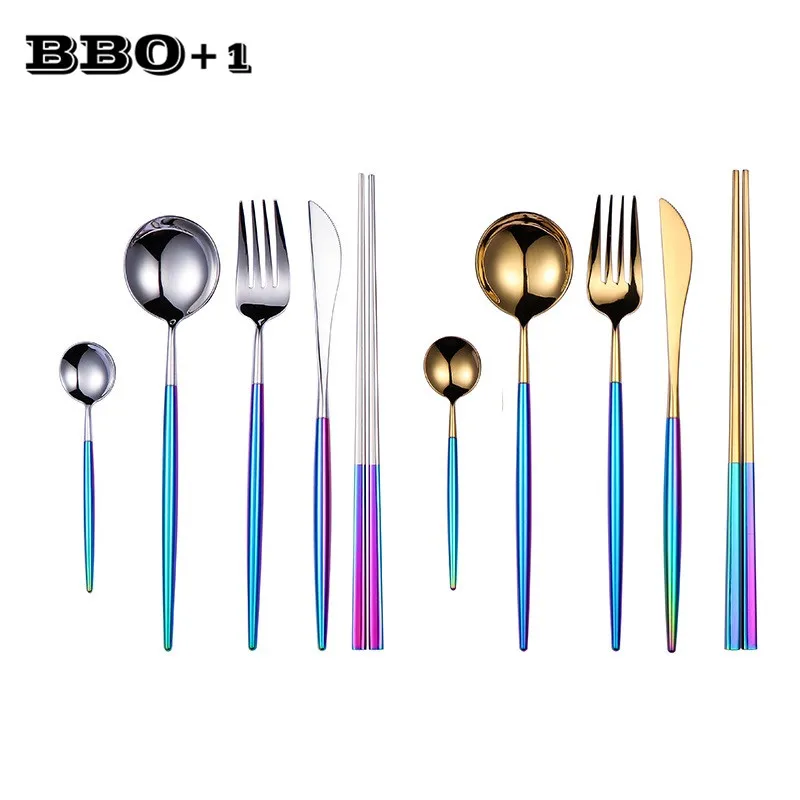 

Stainless Steel Colorful Cutlery Set Chopsticks Dinner Knife Spoon Fork Teaspoon Tableware Set Christmas Silverware Gift Party