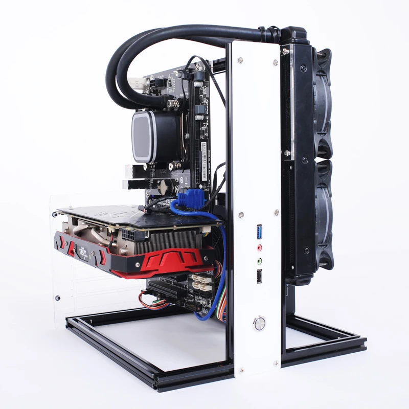 Water-cooled heat dissipation fully open aluminum alloy chassis DIY assembly chassis vertical ATX MATX ITX universal rack USB3.0
Water-cooled heat dissipation fully open aluminum alloy chassis DIY assembly chassis vertical ATX MATX ITX universal rack USB3.0