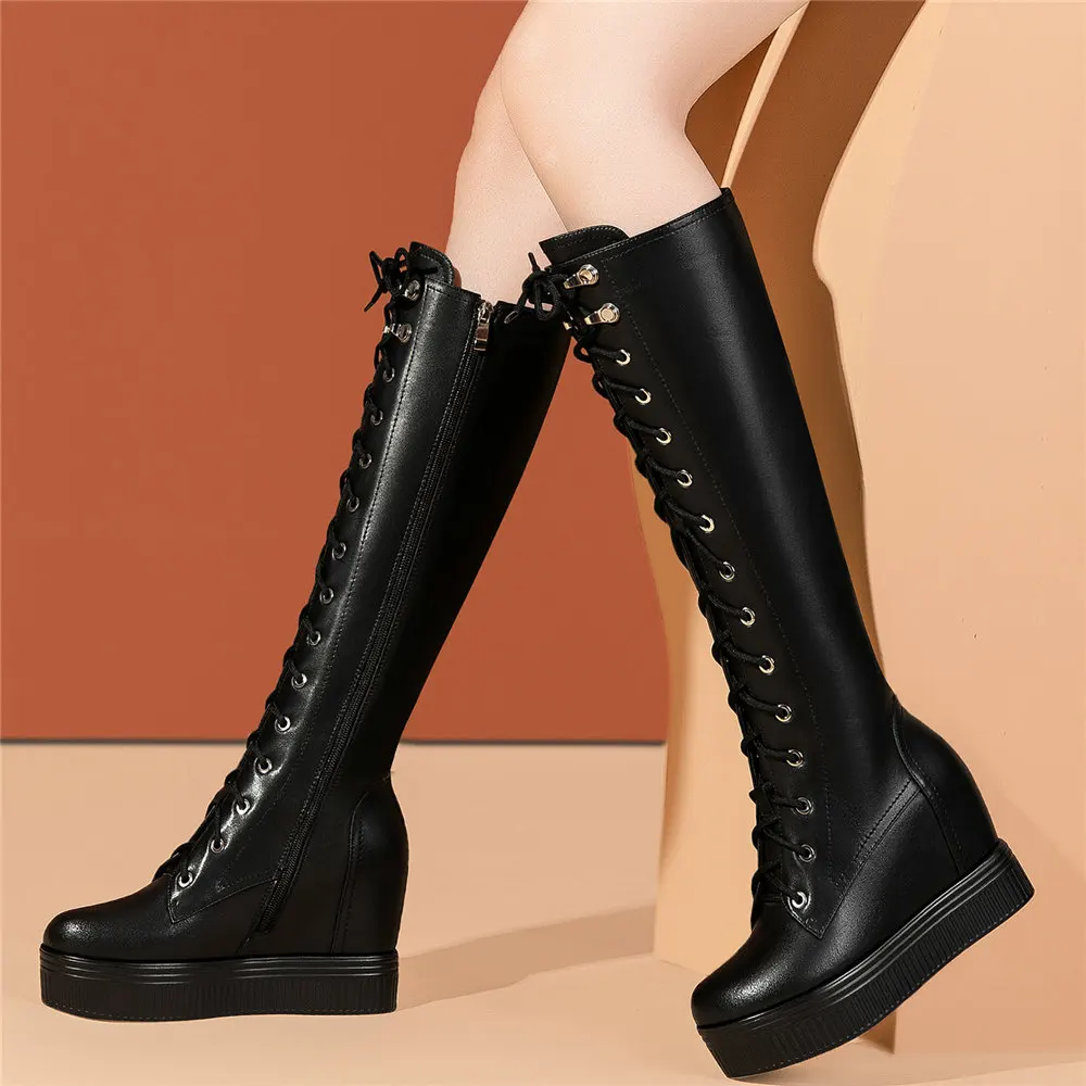 Platform Wedges Pumps Shoes Womens Lace Up Genuine Leather Knee High Riding Boots Female High Heel Round Toe Fashion Sneakers
Platform Wedges Pumps Shoes Womens Lace Up Genuine Leather Knee High Riding Boots Female High Heel Round Toe Fashion Sneakers