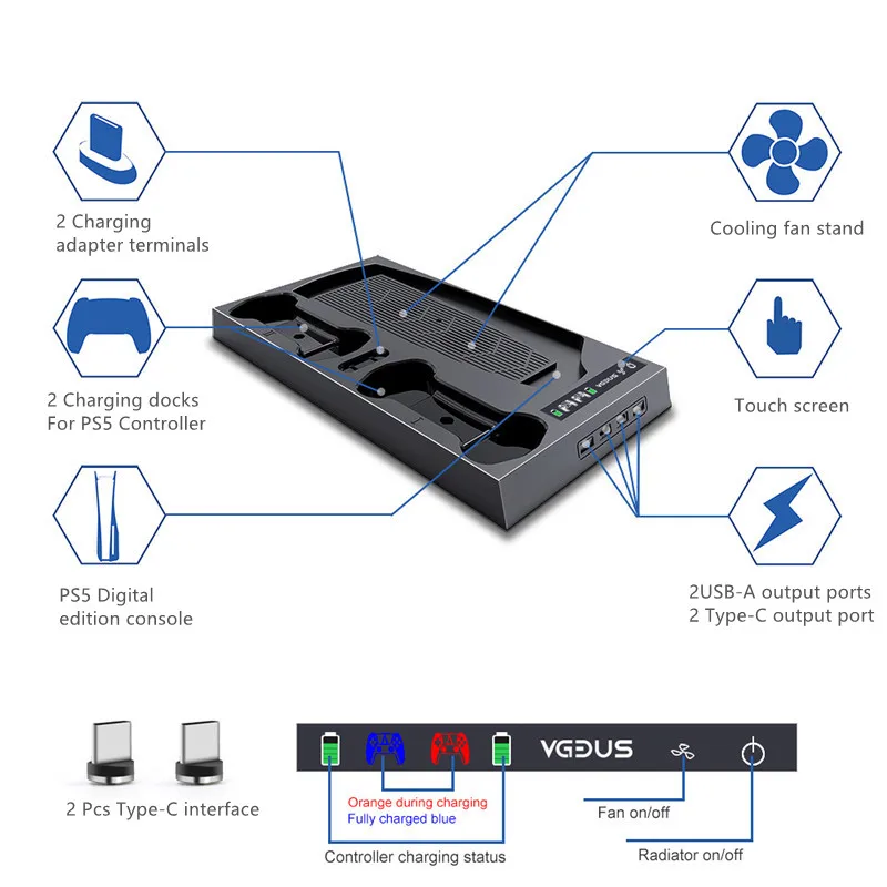 Charger Base For Playstation 5 PS5 Disc/Digital Game Controller Charging Station Fast Cooling Fans Vertical Console base Stand Charger Base For Playstation 5 PS5 Disc/Digital Game Controller Charging Station Fast Cooling Fans Vertical Console base Stand