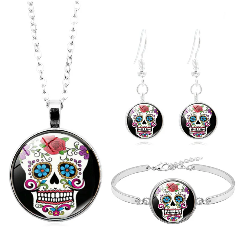Sugar Skull Art Photo Cabochon Glass Jewelry Set Fashion Day of The Dead Necklace Bracelet Earring Sets for Women | Украшения и