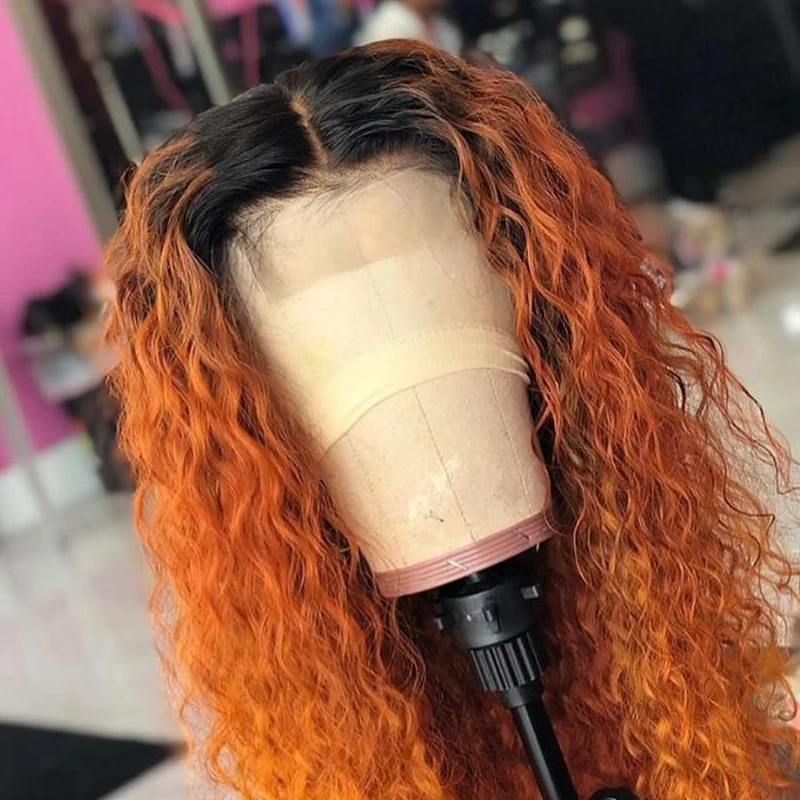 Orange Ombre Color Curly Lace Front With Baby Hair 13*4 Brazilian Remy Hair Lace Wig Middle Part Bleached Knots