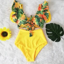 Floral babados hem bikini conjunto feminino flora com decote em v de cintura alta maiô de duas peças 2020 menina praia maiô biquinis(China)