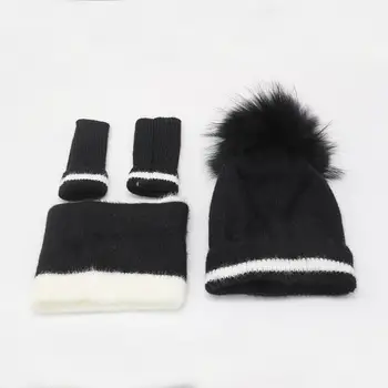 

Adult Warm Knitted Acrylic Hats Scarf Mitt Three-piece Set Natural Raccoon Fur Pompom Thick Soft Winter Beanies