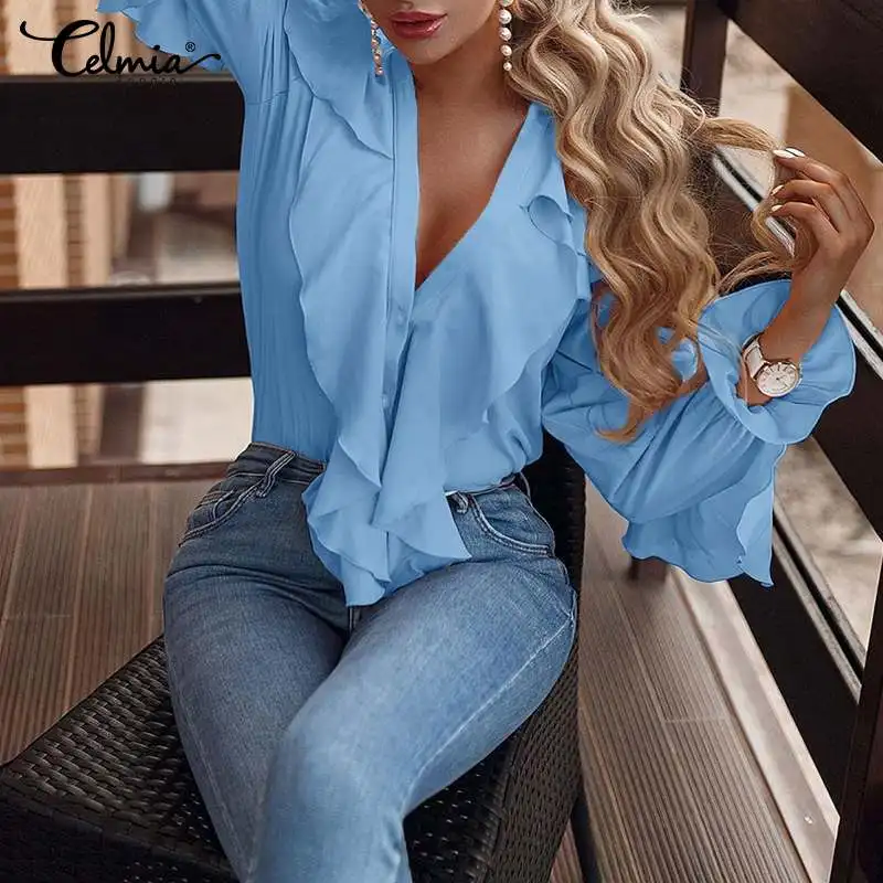 

Women's Elegant Shirt Celmia Sexy V neck Long Sleeve Casual Ruffles Shirt Button Solid Street Blusas OL Party Tops