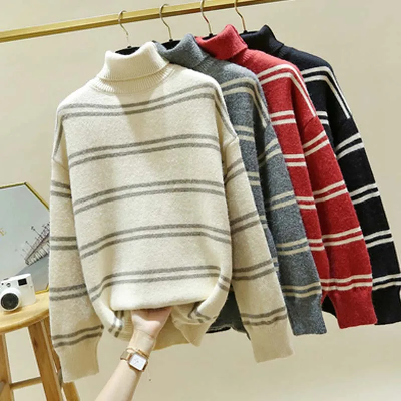 Turtleneck Sweater Women Stirped Pullovers Tops Korean Casual Loose Knitted Sweaters Japanse Fashion Winter Clothes Pluse Size
Turtleneck Sweater Women Stirped Pullovers Tops Korean Casual Loose Knitted Sweaters Japanse Fashion Winter Clothes Pluse Size