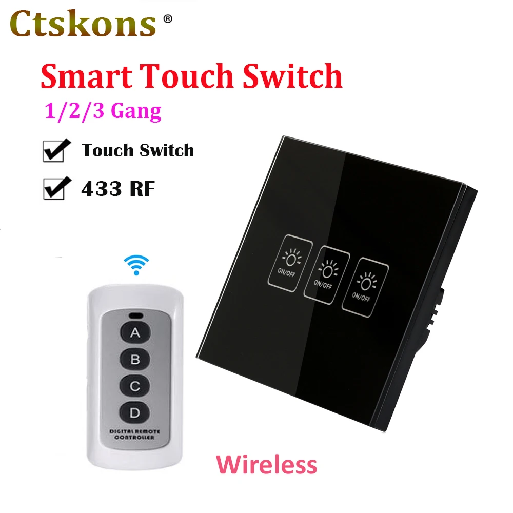 

1/2/3 Gang RF433 Remote Control Wall Switch Wireless Smart Light Switches Glass Panel Touch Switch AC 110V-240V waterproof