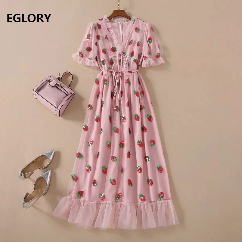 Sequined Dress 2020 Summer Sexy Club Women V-Neck Red Strawberry Patterns Short Sleeve Mid-Calf Length Pink Black Mesh Dress
Sequined Dress 2020 Summer Sexy Club Women V-Neck Red Strawberry Patterns Short Sleeve Mid-Calf Length Pink Black Mesh Dress