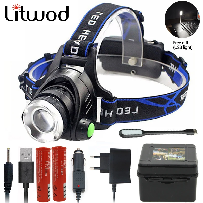 Litwod D9 светодиодный налобный фонарь Рыбалка T6/L2/V6 3 режима Масштабируемые лампы