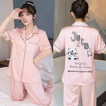 Summer Cartoon Pajamas Suit Women Satin 2PCS Shirt&Pant With Pocket Silky Pyjamas Set Female Casual Sleep Set Loose Home Wear
Summer Cartoon Pajamas Suit Women Satin 2PCS Shirt&Pant With Pocket Silky Pyjamas Set Female Casual Sleep Set Loose Home Wear