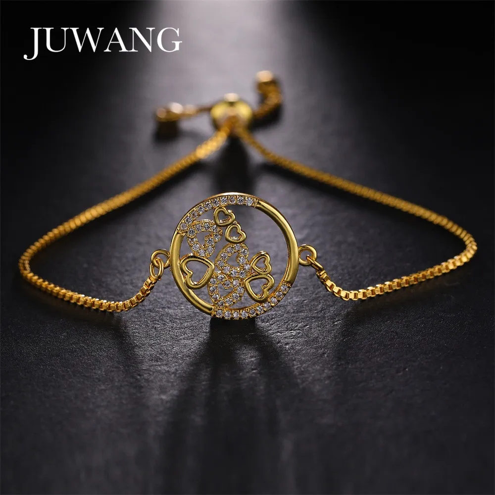 Фото JUWANG Gold Heart Bracelets&ampBangles Jewelry Cubic Zircon For Women Lovers Wedding Charm Bracelet Adjustable Chain | Украшения и