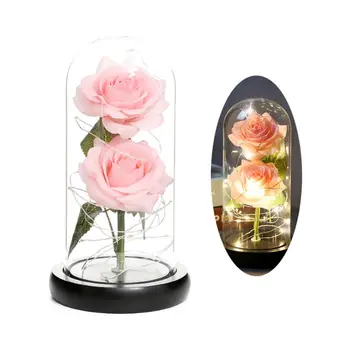 Double Rose Flower And LED Light String In Glass Dome On Wooden Base The Best Gift For Women And Valentine's Day Mother's Day 
Double Rose Flower And LED Light String In Glass Dome On Wooden Base The Best Gift For Women And Valentine's Day Mother's Day