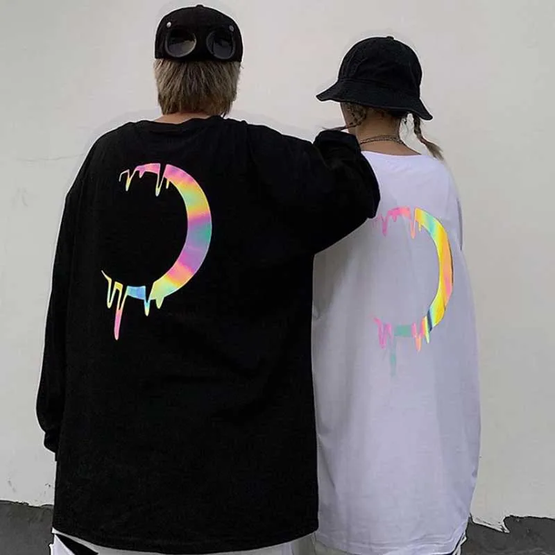 

NiceMix Reflective Moon Graphic Rainbow Punk Contrast Long Sleeve Loose Tshirt T-Shirt Pullover Woman Man Streetwear Korean Hara