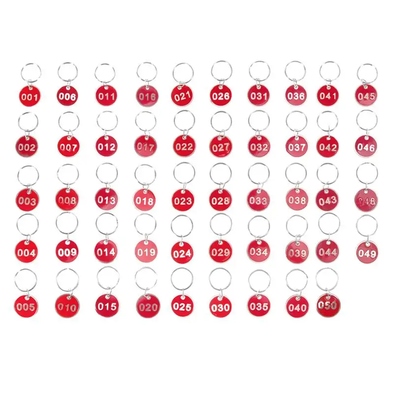 50pcs Number Pendant Tags Practical Metal Numbers Plates Luggage ID Tags Key Ring Labels for Office Hotel Red (Number 1-50)
50pcs Number Pendant Tags Practical Metal Numbers Plates Luggage ID Tags Key Ring Labels for Office Hotel Red (Number 1-50)