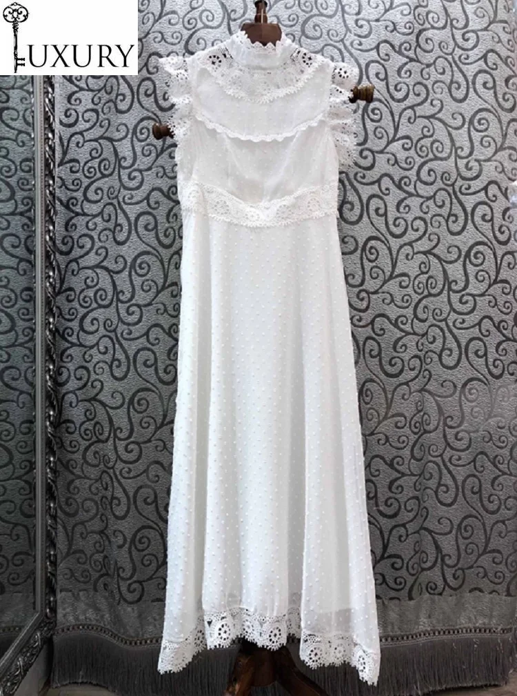 Spring White Black 2020 Style Ladies Stand Neck Crochet Lace Patchwork Polka Dot Patterns Elegant Long Maxi Dress | Женская одежда