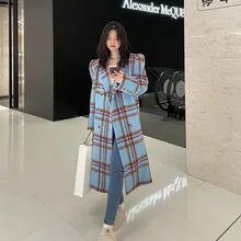 Autumn Elegant Mid-length Women Blue Plaid Woolen-cloth Coat Casual Notched Collar Puff Sleeve Double Breasted Female Outerwear
Autumn Elegant Mid-length Women Blue Plaid Woolen-cloth Coat Casual Notched Collar Puff Sleeve Double Breasted Female Outerwear