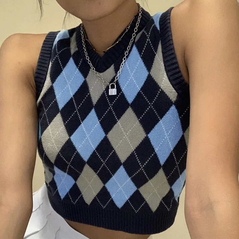 V Neck Vintage Argyle Sweater Vest Women Y2K Black Sleeveless Plaid Knitted Crop Sweaters Casual Autumn Preppy Style
V Neck Vintage Argyle Sweater Vest Women Y2K Black Sleeveless Plaid Knitted Crop Sweaters Casual Autumn Preppy Style