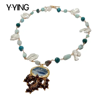 Y·YING 17'' natural White Keshi Pearl Larimars Apatite Necklace Blue kyanites Garnet Pendant necklace 
Y·YING 17'' natural White Keshi Pearl Larimars Apatite Necklace Blue kyanites Garnet Pendant necklace