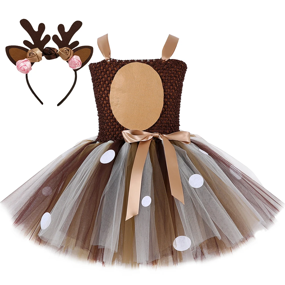 

HOT Deer Tutu Dress Happy Purim Baby Girls 1st Birthday Party Dresses Carnival Halloween Winter Cosplay Costume Clothes For Kids
