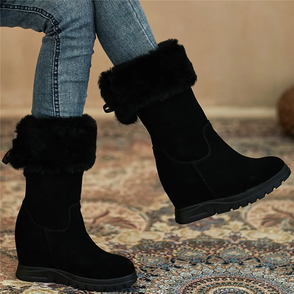 

High Top Winter Warm Ankle Boots Women Genuine Leather Wedges High Heel Snow Boots Female Round Toe Platform Pumps Casual Shoes