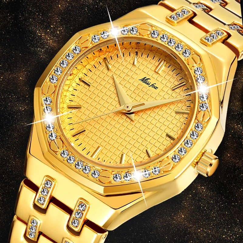 Новый MISSFOX 18K Золотые женские часы класса Люкс брендовые Водонепроницаемый